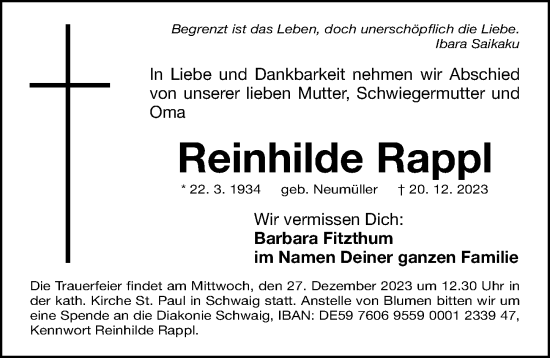 Traueranzeige von Reinhilde Rappl von Gesamtausgabe Nürnberger Nachrichten/ Nürnberger Ztg.