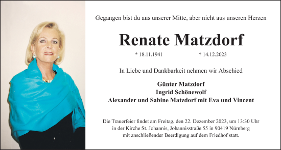 Traueranzeige von Renate Matzdorf von Gesamtausgabe Nürnberger Nachrichten/ Nürnberger Ztg.