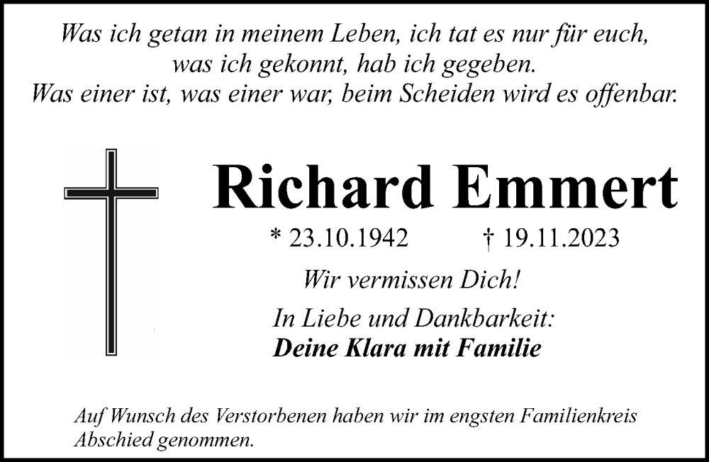  Traueranzeige für Richard Emmert vom 09.12.2023 aus Gesamtausgabe Nürnberger Nachrichten/ Nürnberger Ztg.