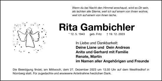 Traueranzeige von Rita Gambichler von Gesamtausgabe Nürnberger Nachrichten/ Nürnberger Ztg.