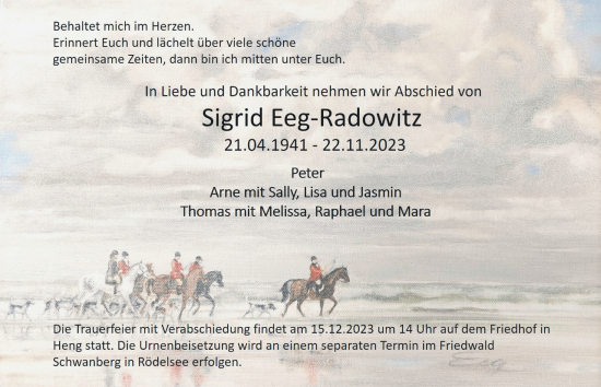 Traueranzeige von Sigrid Eeg-Radowitz von Neumarkter Nachrichten Lokal