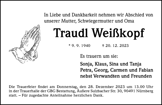 Traueranzeige von Traudl Weißkopf von Gesamtausgabe Nürnberger Nachrichten/ Nürnberger Ztg.