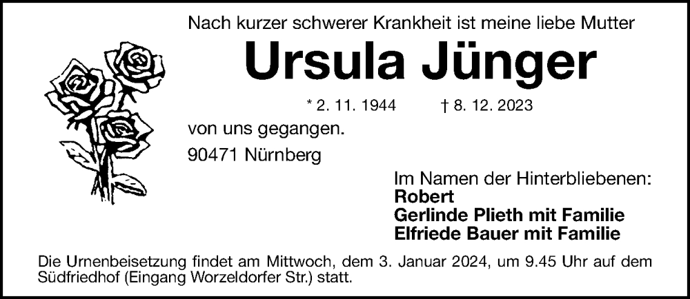  Traueranzeige für Ursula Jünger vom 23.12.2023 aus Gesamtausgabe Nürnberger Nachrichten/ Nürnberger Ztg.