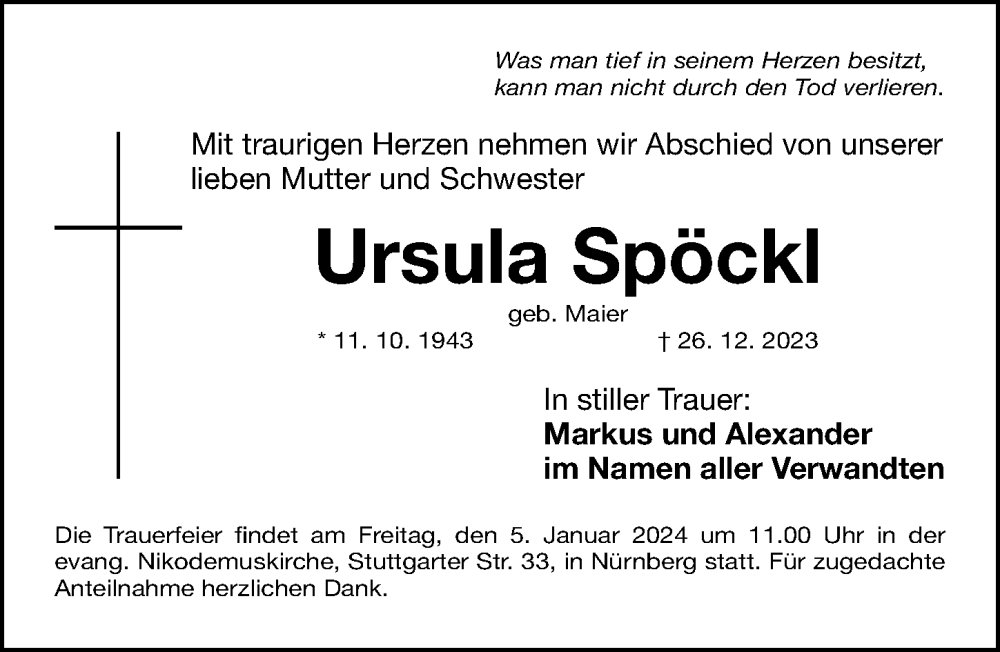  Traueranzeige für Ursula Spöckl vom 30.12.2023 aus Gesamtausgabe Nürnberger Nachrichten/ Nürnberger Ztg.