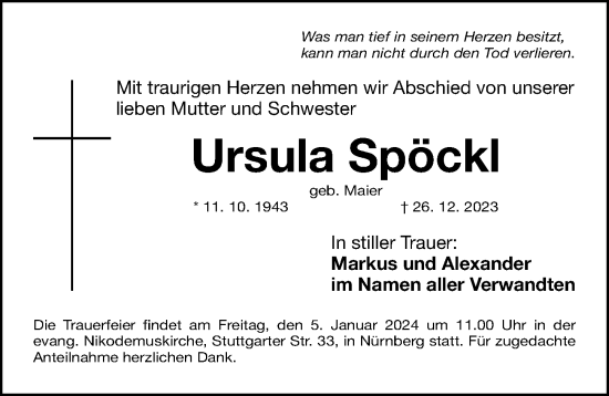 Traueranzeige von Ursula Spöckl von Gesamtausgabe Nürnberger Nachrichten/ Nürnberger Ztg.
