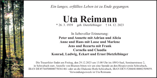 Traueranzeige von Uta Reimann von Gesamtausgabe Nürnberger Nachrichten/ Nürnberger Ztg.