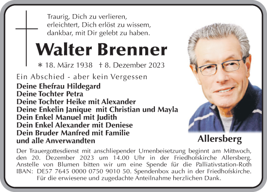 Traueranzeige von Walter Brenner von Roth-Hilpoltsteiner Volkszeitung Lokal