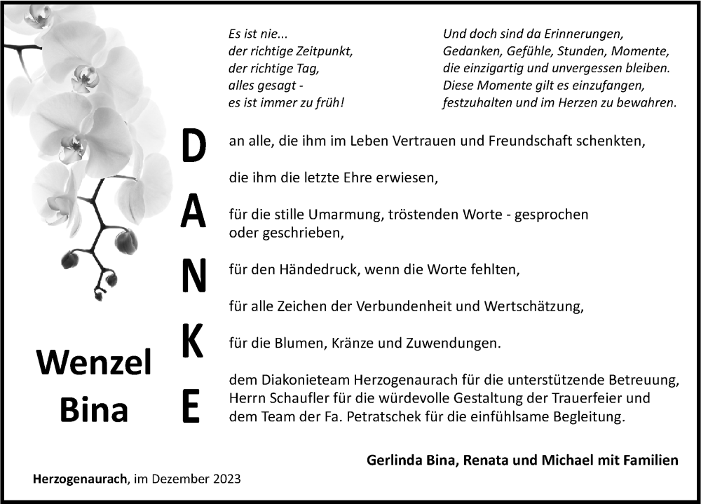  Traueranzeige für Wenzel Bina vom 30.12.2023 aus Nordbayerische Nachrichten Herzogenaurach Lokal