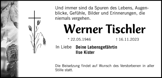 Traueranzeige von Werner Tischler von Fürther Nachrichten Lokal