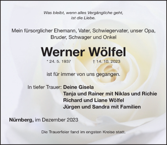 Traueranzeige von Werner Wölfel von Gesamtausgabe Nürnberger Nachrichten/ Nürnberger Ztg.