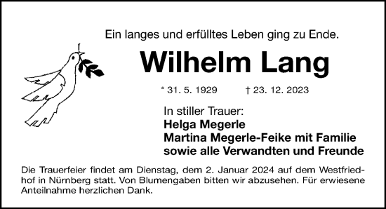 Traueranzeige von Wilhelm Lang von Gesamtausgabe Nürnberger Nachrichten/ Nürnberger Ztg.