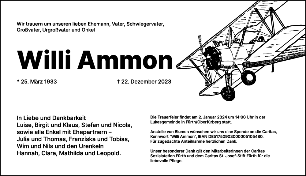  Traueranzeige für Willi Ammon vom 29.12.2023 aus Fürther Nachrichten Lokal