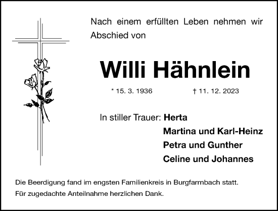 Traueranzeige von Willi Hähnlein von Gesamtausgabe Nürnberger Nachrichten/ Nürnberger Ztg.