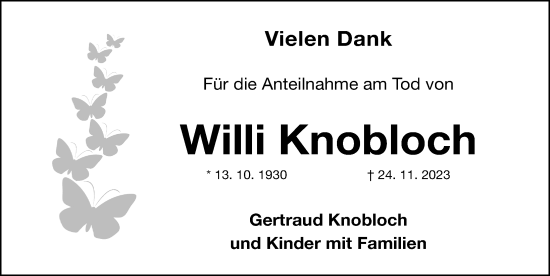 Traueranzeige von Willi Knobloch von Gesamtausgabe Nürnberger Nachrichten/ Nürnberger Ztg.