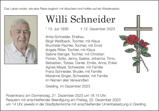 Traueranzeige von Willi Schneider von Roth-Hilpoltsteiner Volkszeitung Lokal