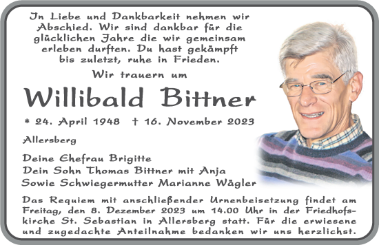 Traueranzeige von Willibald Bittner von Roth-Hilpoltsteiner Volkszeitung Lokal