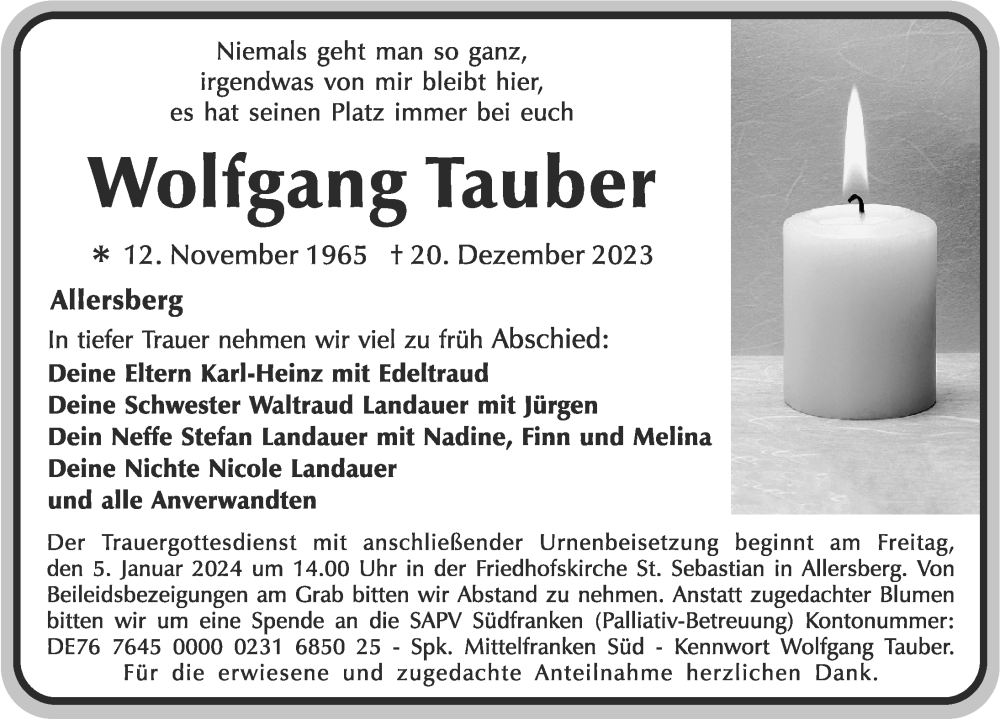  Traueranzeige für Wolfgang Tauber vom 30.12.2023 aus Roth-Hilpoltsteiner Volkszeitung Lokal