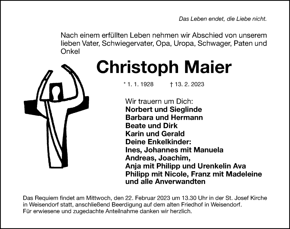  Traueranzeige für Christoph Maier vom 18.02.2023 aus Nordbayerische Nachrichten Herzogenaurach Lokal