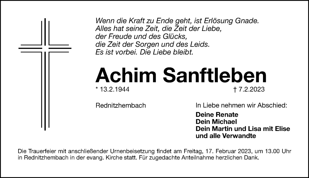  Traueranzeige für Achim Sanftleben vom 15.02.2023 aus HST,HRHV