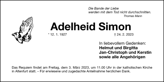 Traueranzeige von Adelheid Simon von Gesamtausgabe Nürnberger Nachrichten/ Nürnberger Ztg.