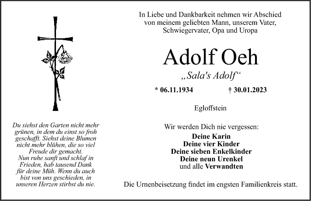  Traueranzeige für Adolf Oeh vom 03.02.2023 aus Nordbayerische Nachrichten Forchheim Lokal
