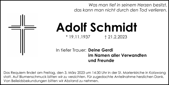 Traueranzeige von Adolf Schmidt von Gesamtausgabe Nürnberger Nachrichten/ Nürnberger Ztg.