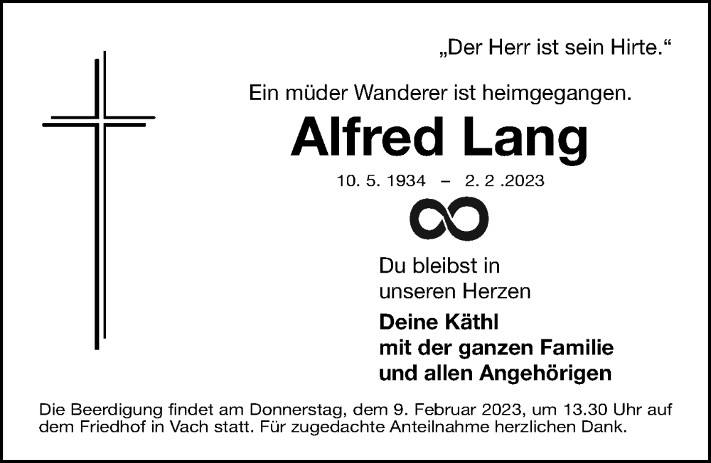  Traueranzeige für Alfred Lang vom 08.02.2023 aus Fürther Nachrichten Lokal