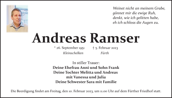 Traueranzeige von Andreas Ramser von Fürther Nachrichten Lokal