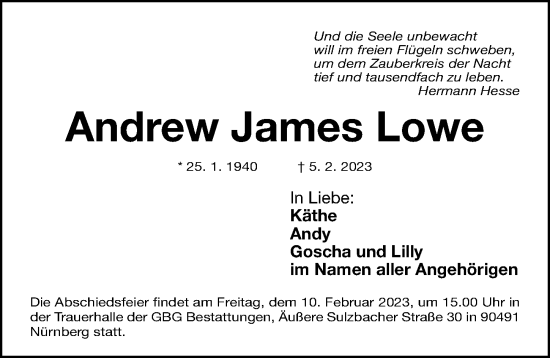 Traueranzeige von Andrew  Lowe von Gesamtausgabe Nürnberger Nachrichten/ Nürnberger Ztg.