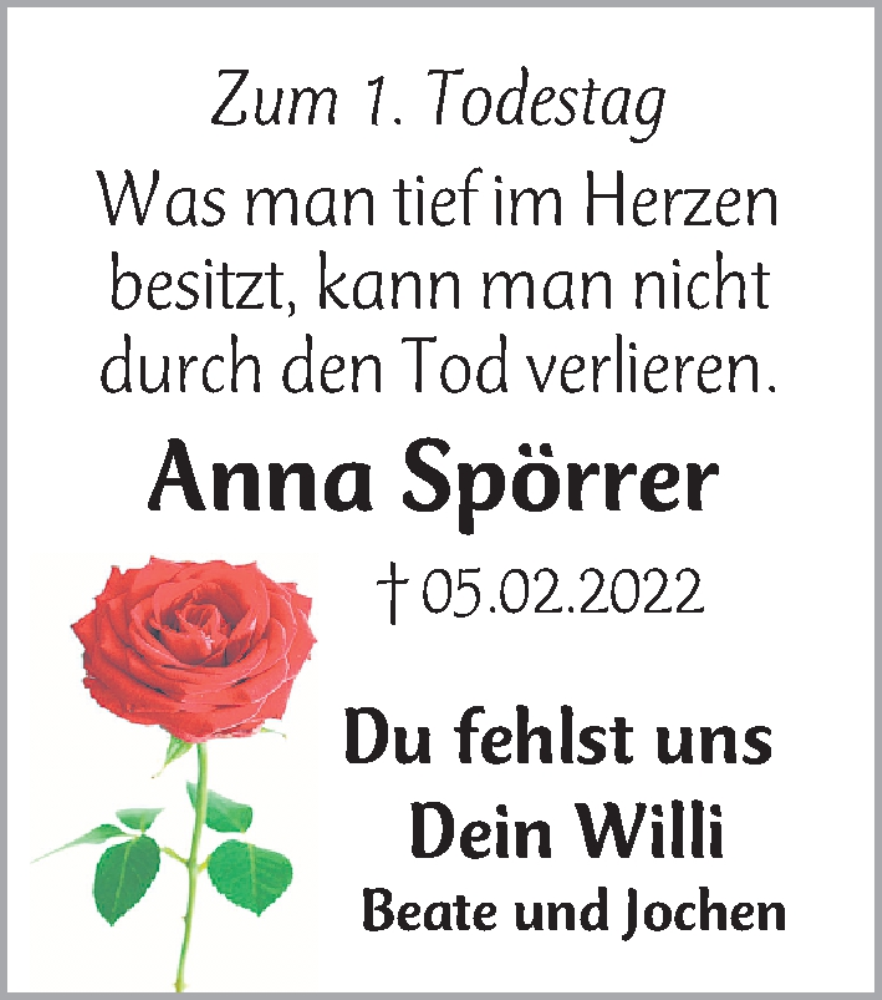  Traueranzeige für Anna Spörrer vom 04.02.2023 aus Gesamtausgabe Nürnberger Nachrichten/ Nürnberger Ztg.