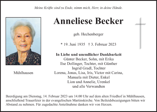 Traueranzeige von Anneliese Becker von Neumarkter Nachrichten Lokal