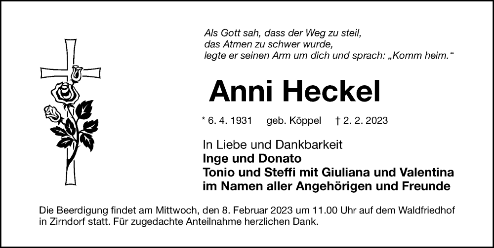  Traueranzeige für Anni Heckel vom 04.02.2023 aus Fürther Nachrichten Lokal