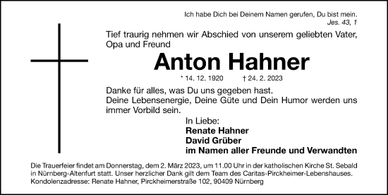 Traueranzeige von Anton Hahner von Gesamtausgabe Nürnberger Nachrichten/ Nürnberger Ztg.
