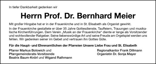 Traueranzeige von Bernhard Meier von Gesamtausgabe Nürnberger Nachrichten/ Nürnberger Ztg.