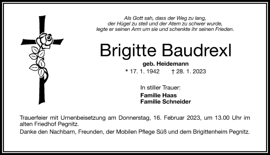 Traueranzeige von Brigitte Baudrexl von Nordbayerische Nachrichten Pegnitz Lokal