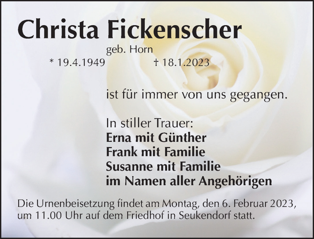  Traueranzeige für Christa Fickenscher vom 04.02.2023 aus Gesamtausgabe Nürnberger Nachrichten/ Nürnberger Ztg.