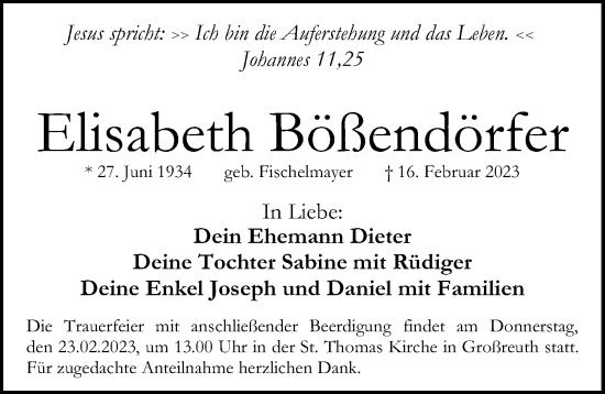 Traueranzeige von Elisabeth Bößendörfer von Gesamtausgabe Nürnberger Nachrichten/ Nürnberger Ztg.