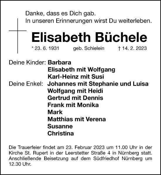 Traueranzeige von Elisabeth Büchele von Gesamtausgabe Nürnberger Nachrichten/ Nürnberger Ztg.