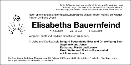 Traueranzeige von Elisabetha Bauernfeind von Gesamtausgabe Nürnberger Nachrichten/ Nürnberger Ztg.
