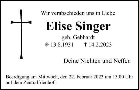 Traueranzeige von Elise Singer von Erlanger Nachrichten Lokal
