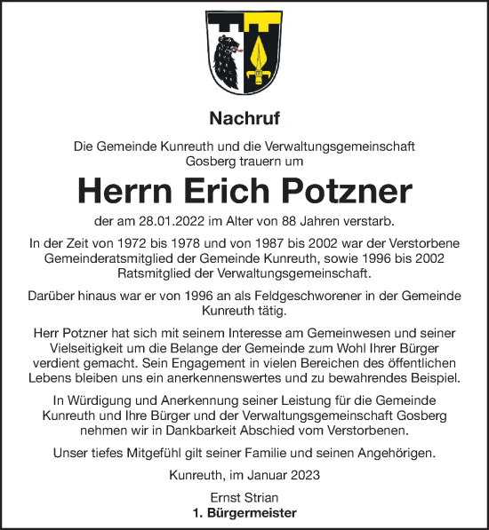 Traueranzeige von Friedrich Erich Potzner von Nordbayerische Nachrichten Forchheim Lokal