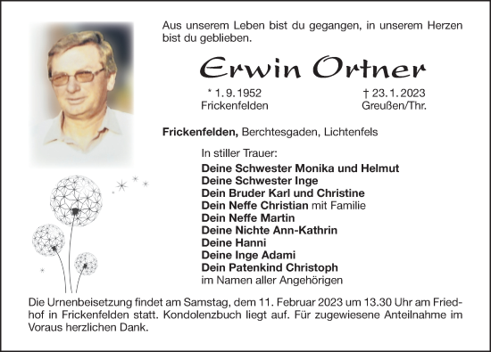 Traueranzeige von Erwin Ortner von Altmühl-Bote Lokal