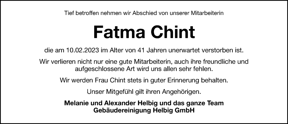  Traueranzeige für Fatma Chint vom 18.02.2023 aus Fürther Nachrichten Lokal