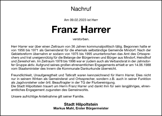 Traueranzeige von Franz Harrer von Roth-Hilpoltsteiner Volkszeitung Lokal