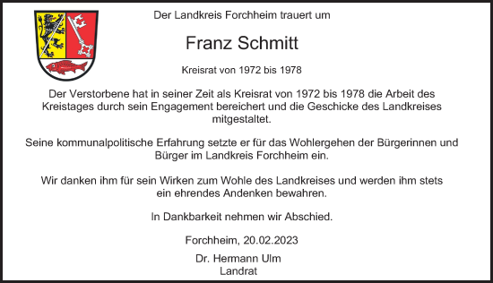 Traueranzeige von Franz Schmitt von Nordbayerische Nachrichten Forchheim Lokal