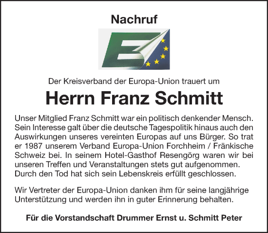 Traueranzeige von Franz Schmitt von Nordbayerische Nachrichten Forchheim Lokal