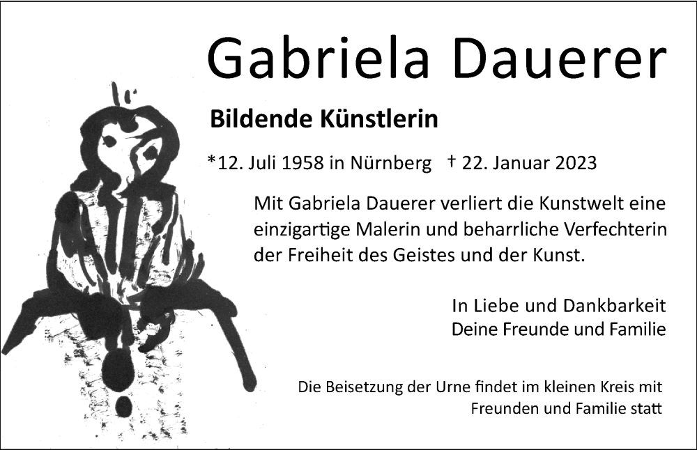  Traueranzeige für Gabriela Dauerer vom 25.02.2023 aus Gesamtausgabe Nürnberger Nachrichten/ Nürnberger Ztg.