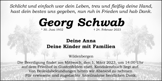 Traueranzeige von Georg Schwab von Schwabacher Tagblatt Lokal