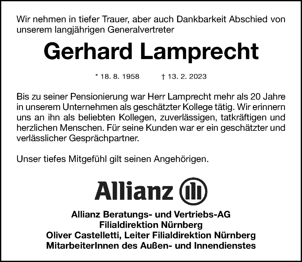  Traueranzeige für Gerhard Lamprecht vom 18.02.2023 aus Gesamtausgabe Nürnberger Nachrichten/ Nürnberger Ztg.