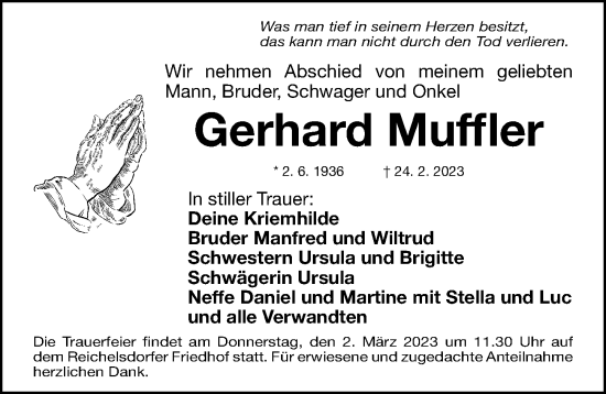Traueranzeige von Gerhard Muffler von Gesamtausgabe Nürnberger Nachrichten/ Nürnberger Ztg.